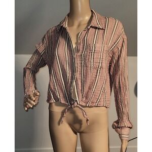 Vanilla Star Women's Tie Front Crop Top – Size L – 100% Cotton Striped Shirt